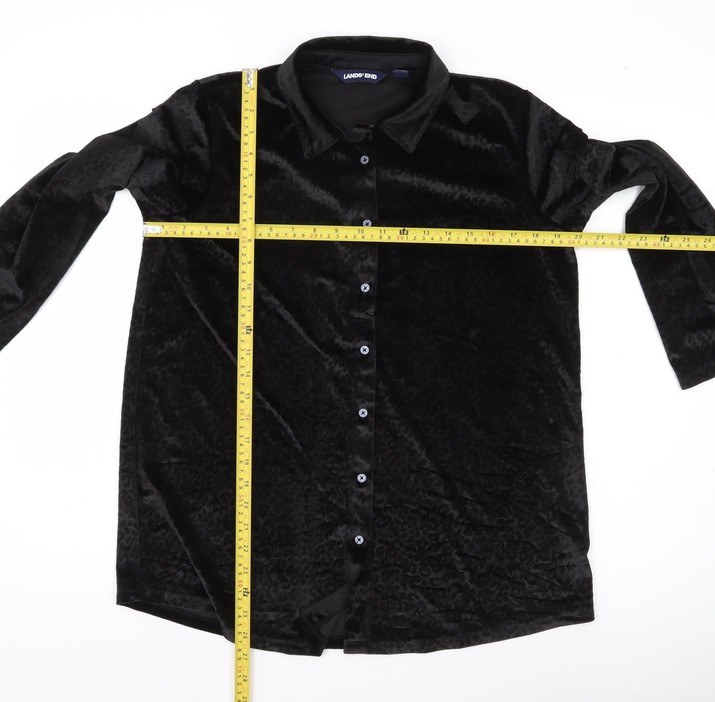 Lands' End Women Black Petite M Velvet Button-Up Shirt