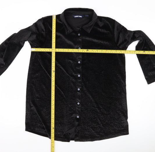 Lands' End Women Black Petite M Velvet Button-Up Shirt