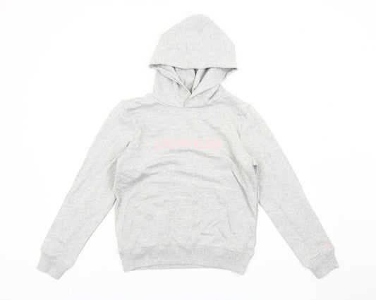 Calvin Klein Womens Grey Hoodie Size 12 Pullover Logo Hoodie Cotton