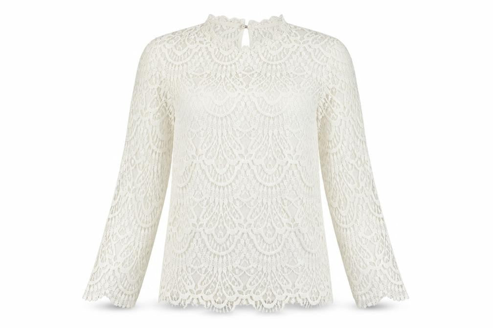 Zara Women Ivory Lace Blouse Medium Long Sleeve Crew Neck
