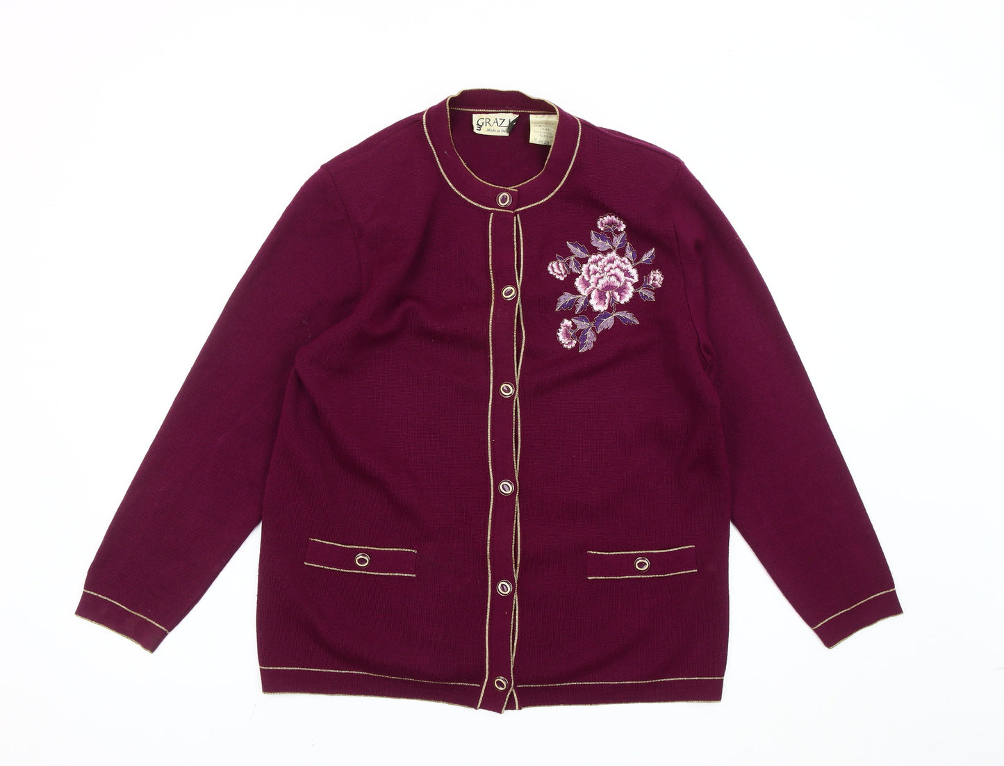 Grazia Women’s Purple Floral Embroidered Wool Blend Cardigan M