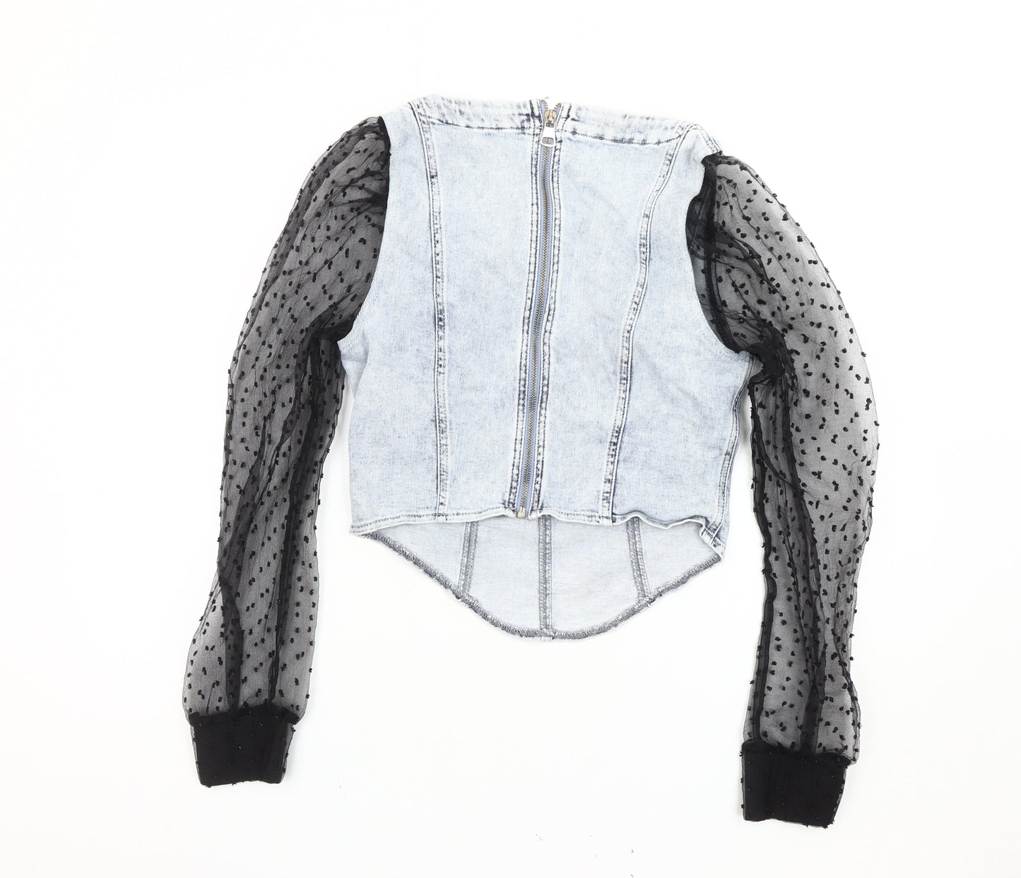 River Island Women’s Blue Denim Mesh Sleeve Cropped Blouse Top Size 10