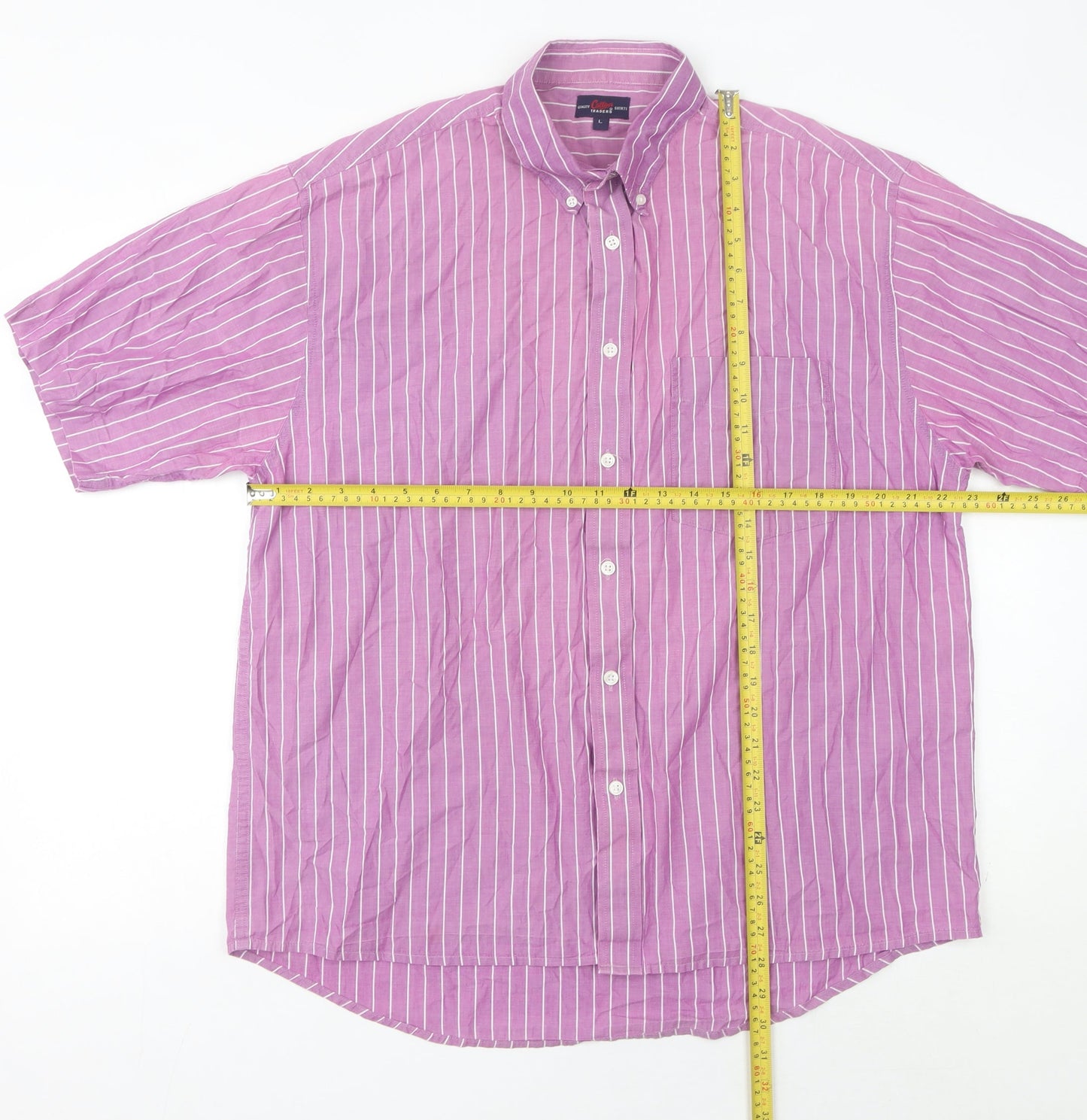 Cotton Traders Men's Pink Striped Short Sleeve L Regular Fit Shirt