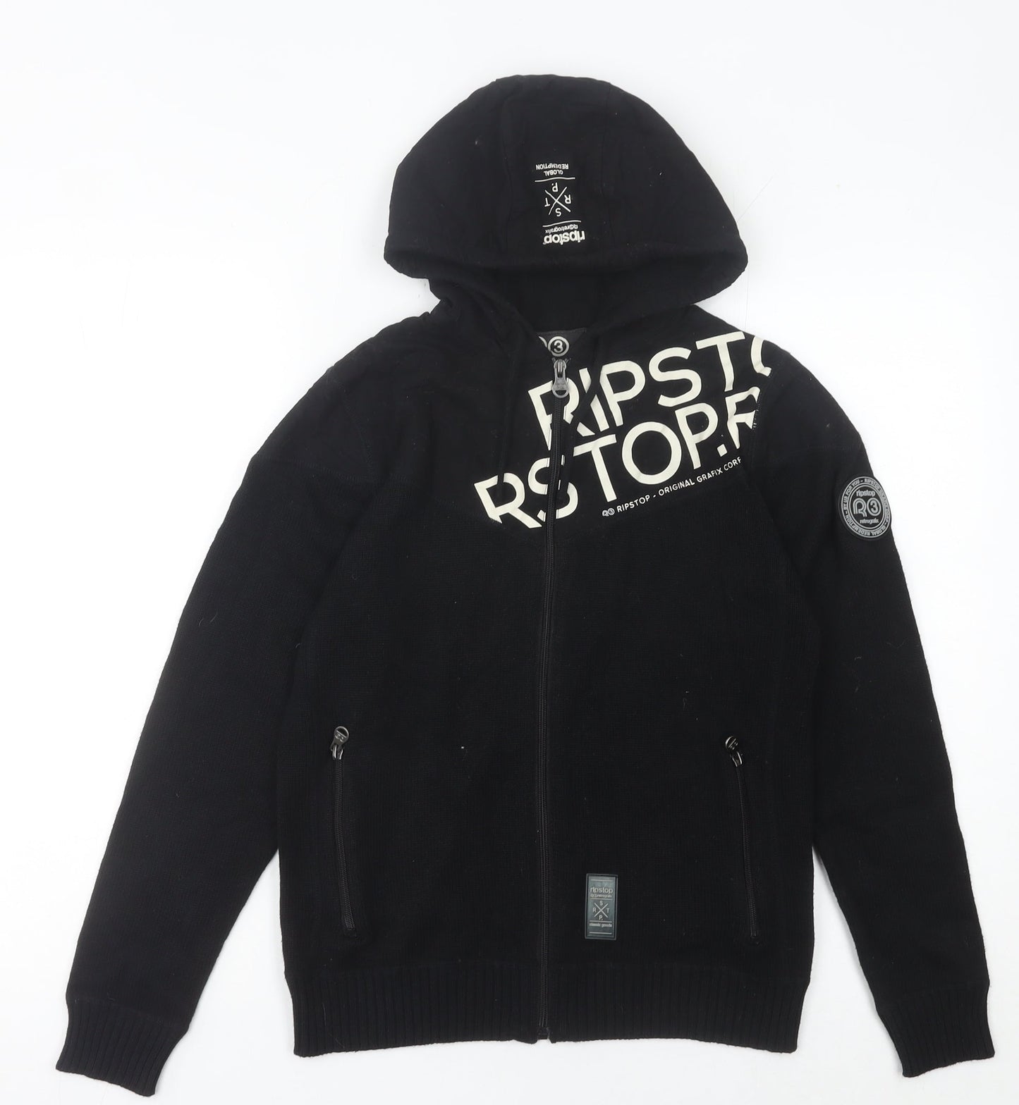 Ripstop Boys Black Full Zip Hoodie Jumper Size L Knit Cotton Blend