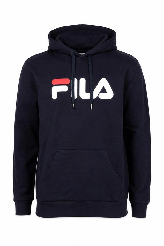 Front view of Fila Men’s Blue Pullover Hoodie Small Regular Fit Logo Sportswear