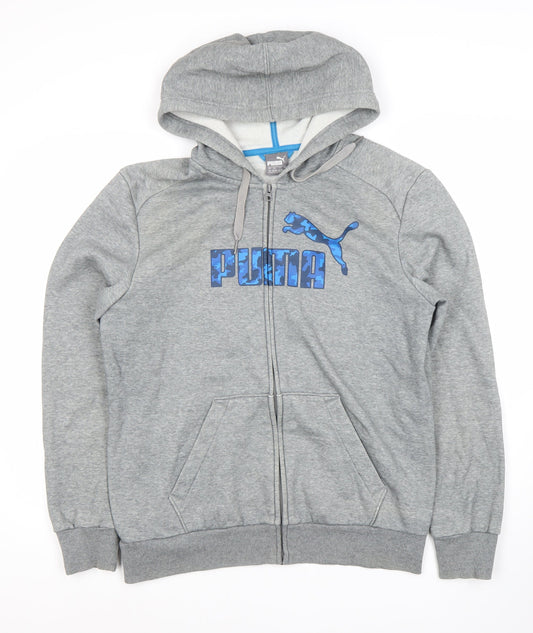 Puma Men’s Grey Full Zip Hoodie M Logo Sports Graphic Sweatshirt