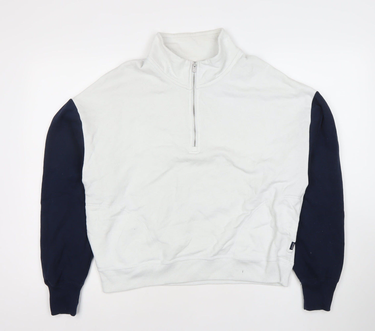 Hollister Womens White Navy Sweatshirt M 1/2 Zip Cotton Blend