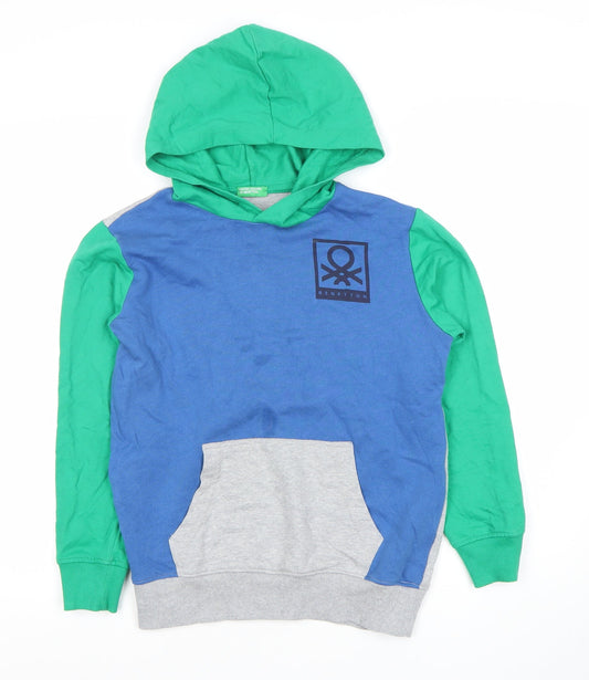 Benetton Boys Blue Green Grey Pullover Hoodie 10-11 Years Logo Casual