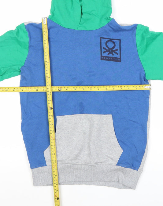 Benetton Boys Blue Green Grey Pullover Hoodie 10-11 Years Logo Casual