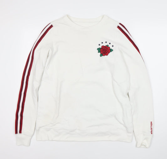 Hollister Men's White Sweatshirt S Pullover Crew Neck Rose Embroidered