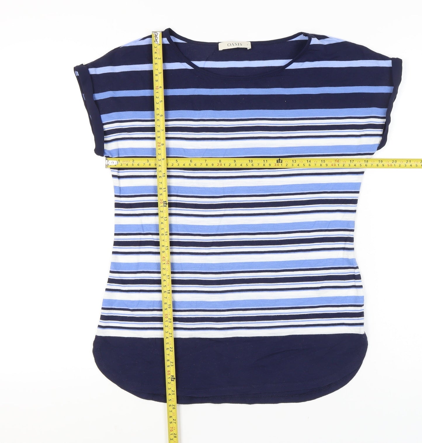 Oasis Womens Blue Striped T-Shirt Small Cap Sleeve Casual Top