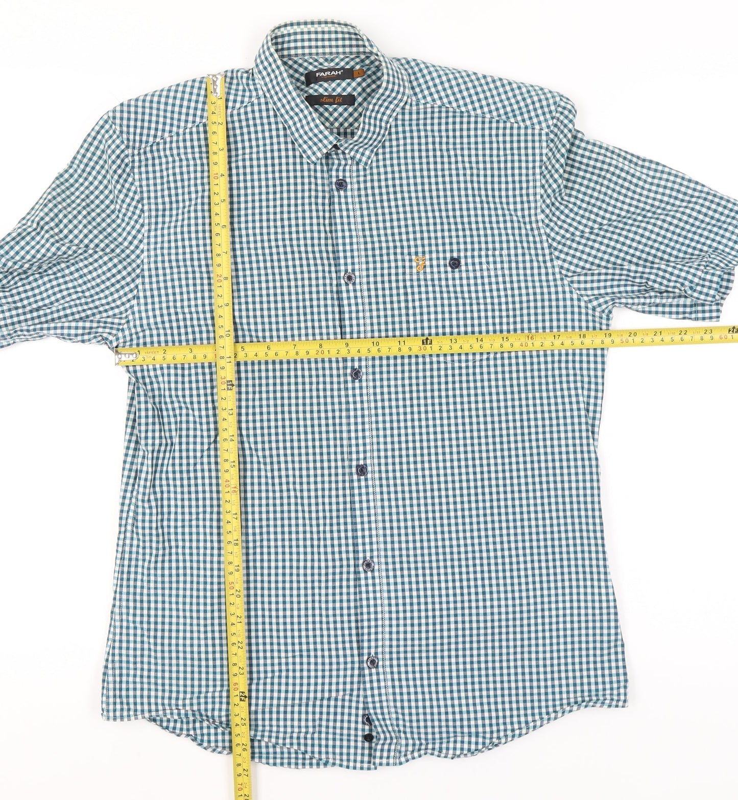Farah Vintage Men's Blue Check Slim Fit Short Sleeve Shirt L