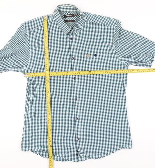 Farah Vintage Men's Blue Check Slim Fit Short Sleeve Shirt L