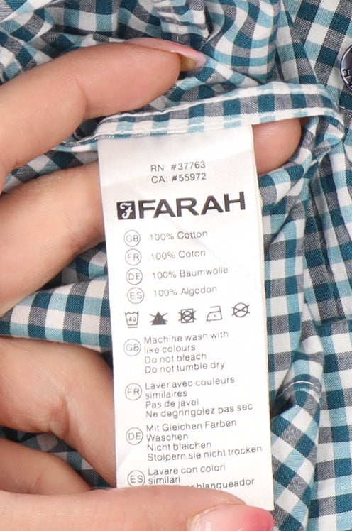 Farah Vintage Men's Blue Check Slim Fit Short Sleeve Shirt L