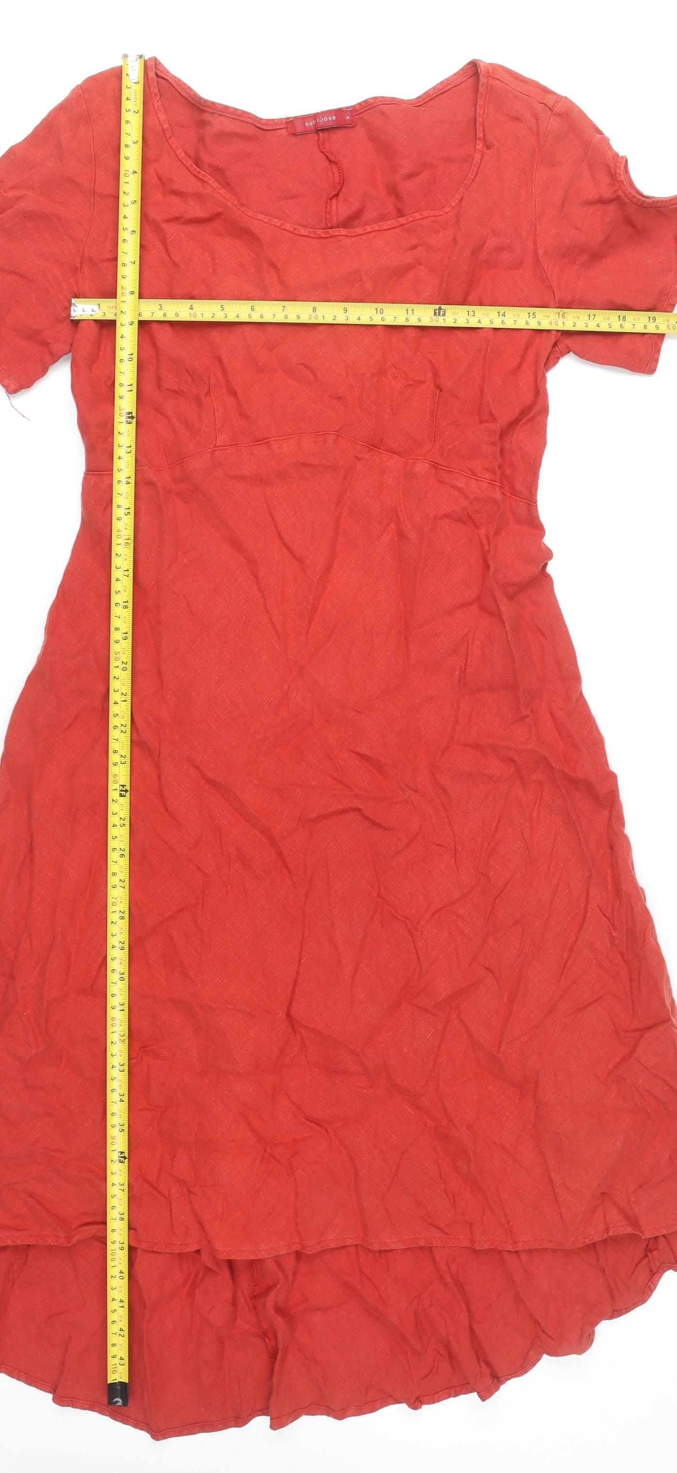 Cut Loose Women Red Linen Hi-Low A-Line Short Sleeve Dress S