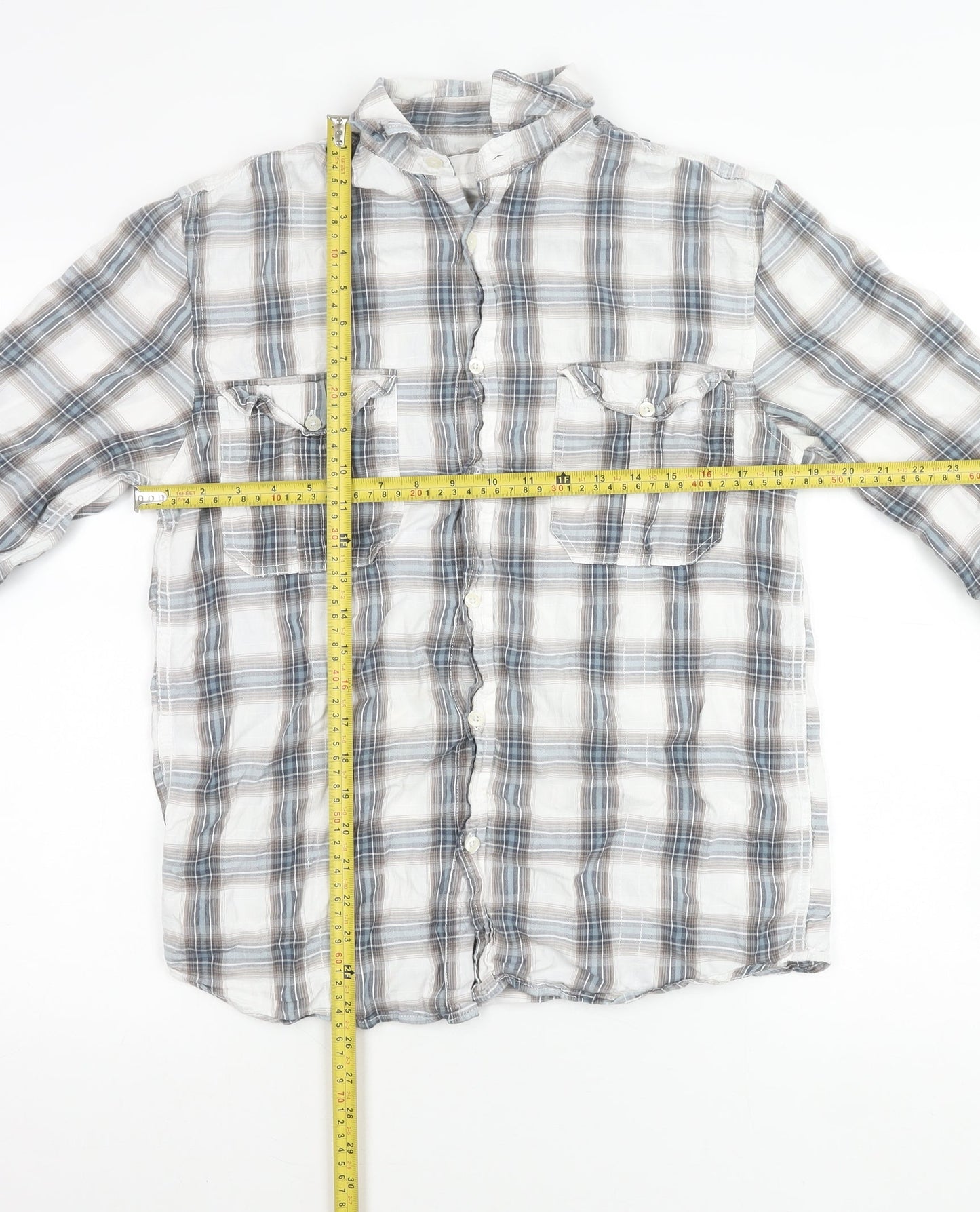 M&Co Womens Blue Check Cotton Button Up Shirt Size S Long Sleeve