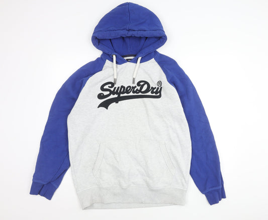 Superdry Men’s Grey Blue XL Pullover Hoodie Logo Cotton Blend
