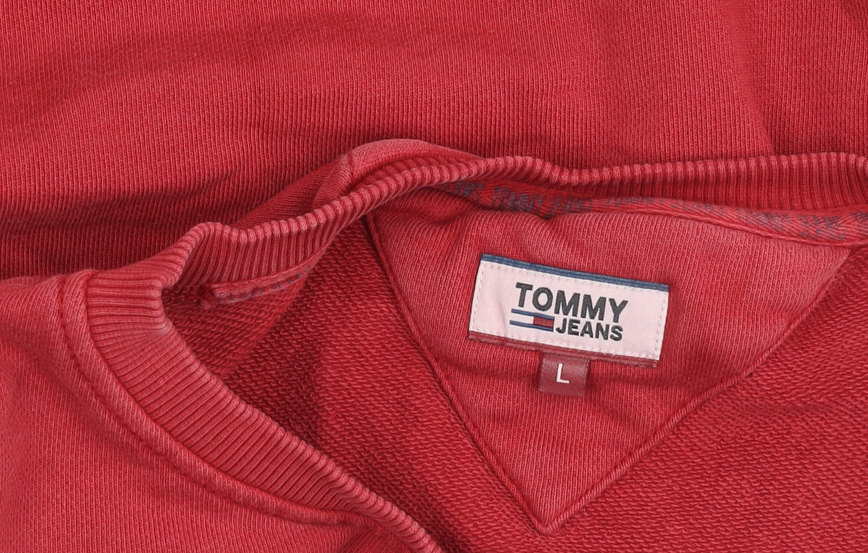 Tommy Jeans Women Red Cotton Sweatshirt L Embroidered Logo Pullover