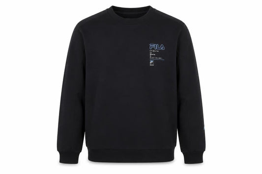 Front view of Fila men’s black sweatshirt l regular fit crew neck pullover