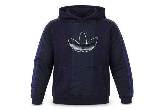 Front view of Adidas men’s blue l pullover hoodie retro sports logo cotton