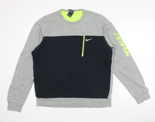 Nike Mens 2XL Grey Black Crew Neck Pullover Sweatshirt Logo Zip