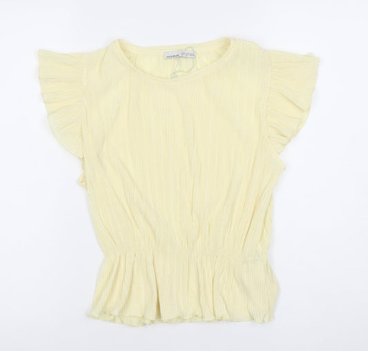 Pull & Bear Womens Yellow Blouse L Flutter Sleeve Ruffle Tunic Top