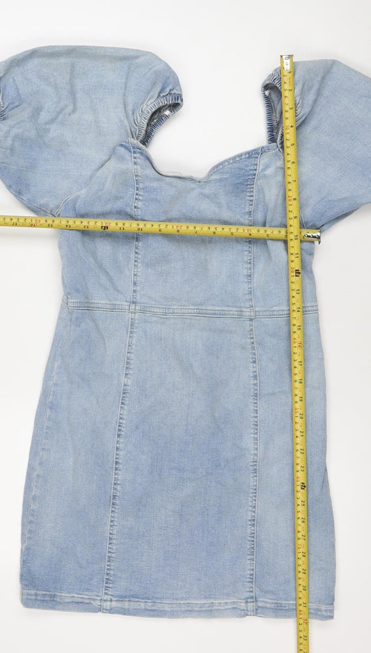 River Island Women Blue Denim Shift Dress Size 14 Puff Sleeve