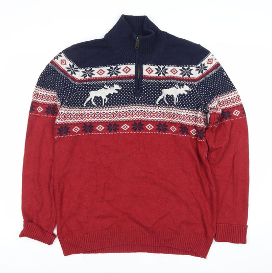 Fat Face Men’s Red Fair Isle 1/2 Zip Jumper Size M Winter Knitwear