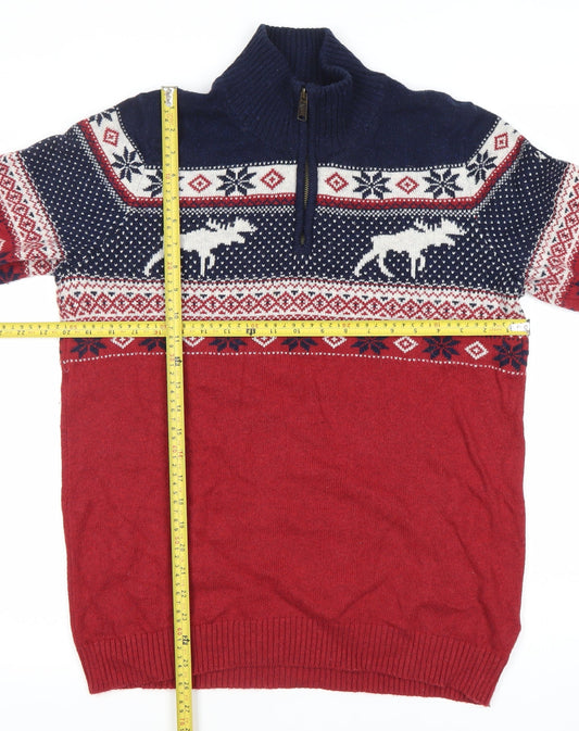 Fat Face Men’s Red Fair Isle 1/2 Zip Jumper Size M Winter Knitwear