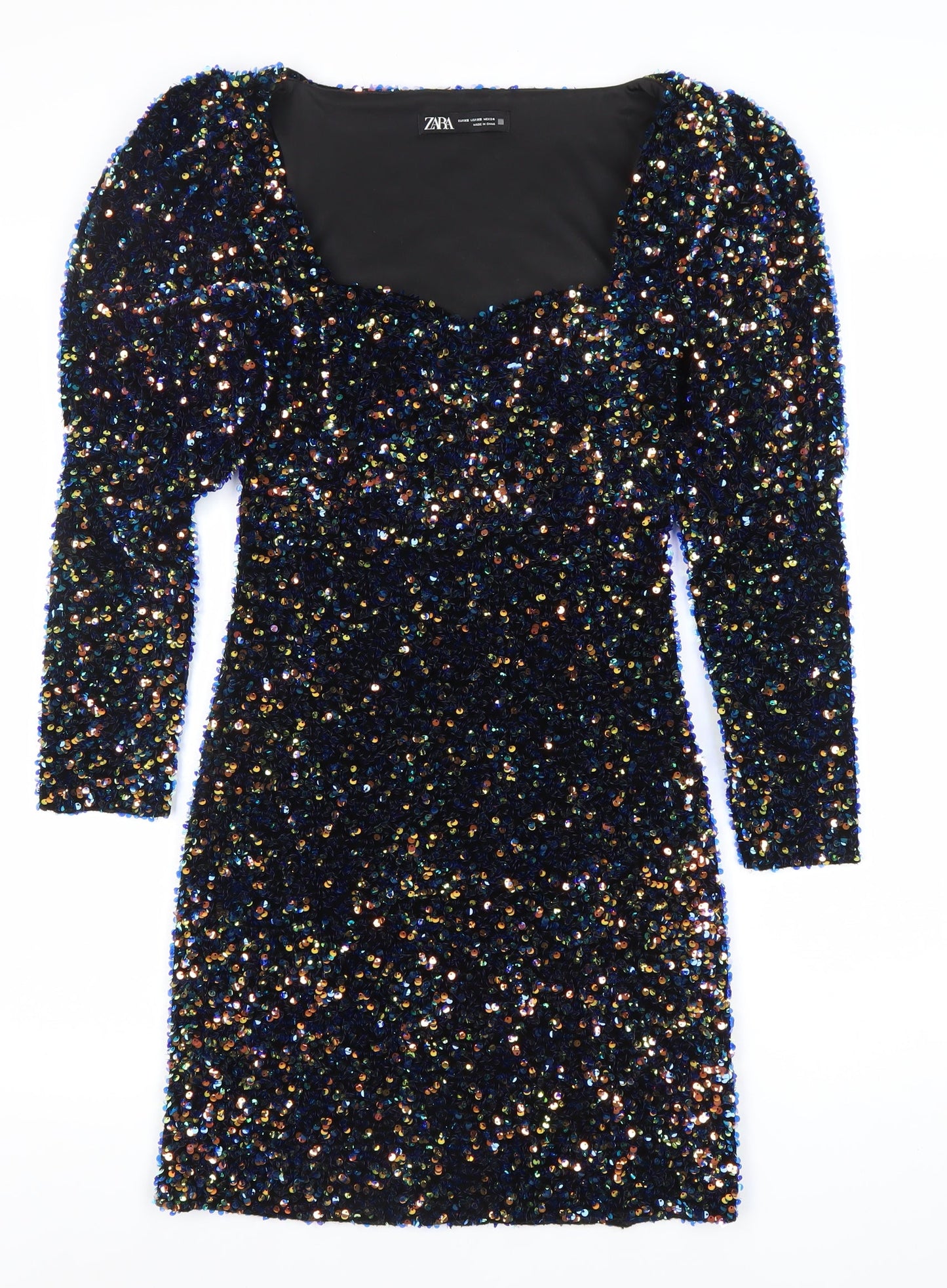 ZARA Womens Black Sequin Bodycon Mini Dress XS Party Cocktail Puff Sleeve