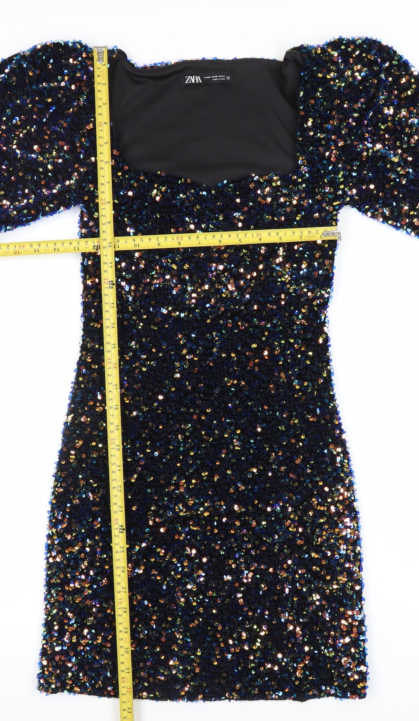 ZARA Womens Black Sequin Bodycon Mini Dress XS Party Cocktail Puff Sleeve