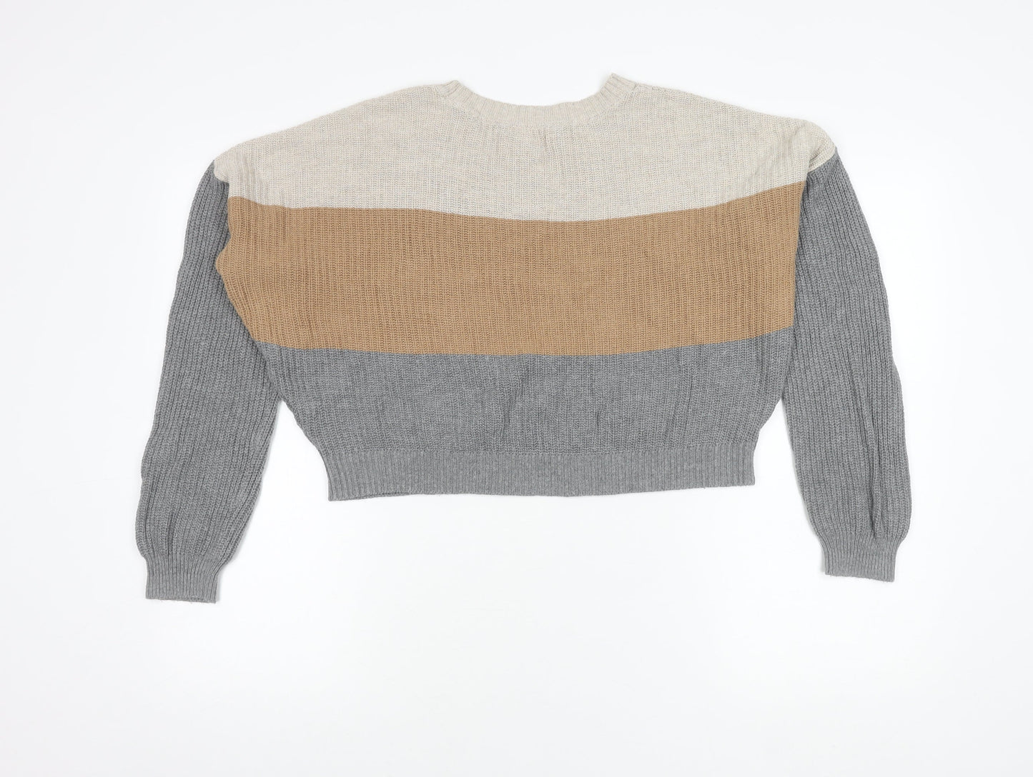 Hollister Womens M Beige Brown Grey Striped Knit Pullover Jumper