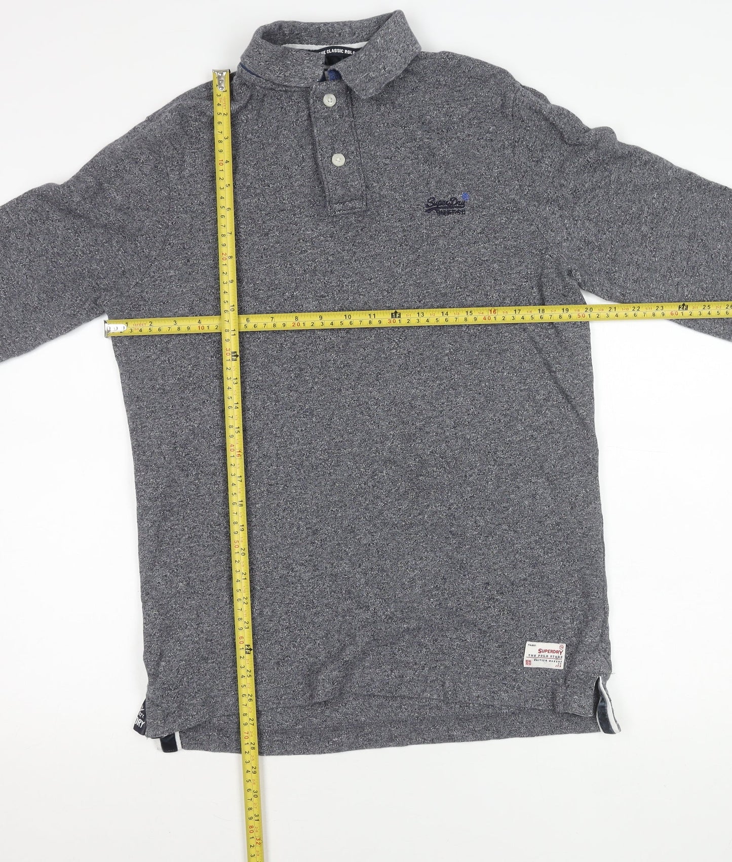 Superdry Mens Grey Classic Long Sleeve Polo Shirt Size L Cotton