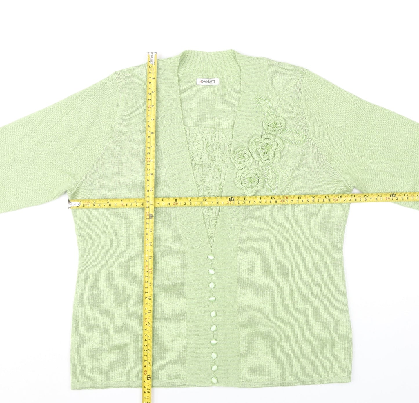 Damart Women's Green Cardigan Size 18 Long Sleeve Floral Embroidered Knit