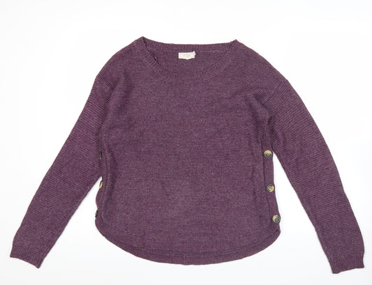 Fat Face Womens Purple Knit Jumper Size 8 Crew Neck Button Accent