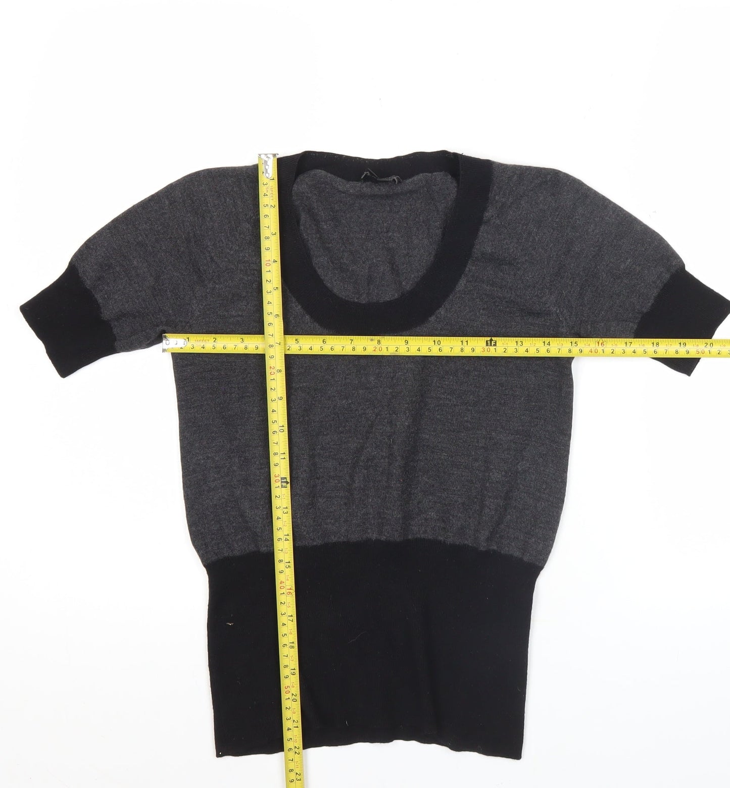 Theory Women’s Grey Black Wool Blend Short Sleeve Scoop Neck Knit Top M