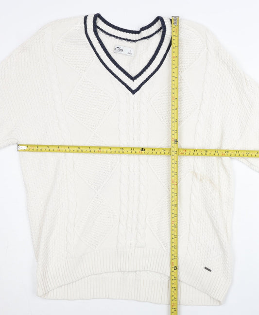 Hollister Women White Cotton Cable Knit V-Neck Jumper L