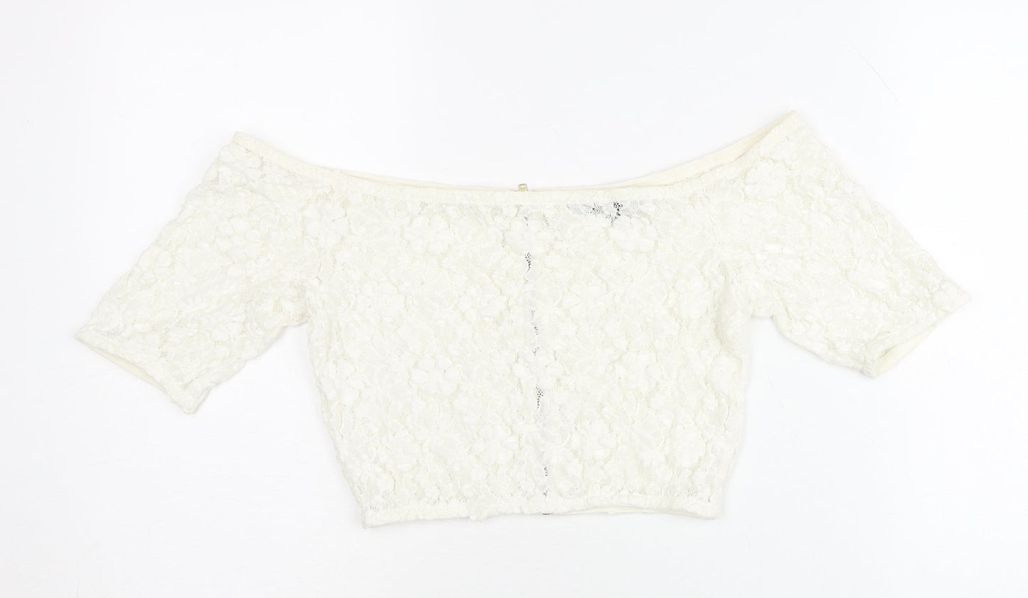 French Connection Women’s Ivory Lace Cropped Off-Shoulder Blouse UK 10