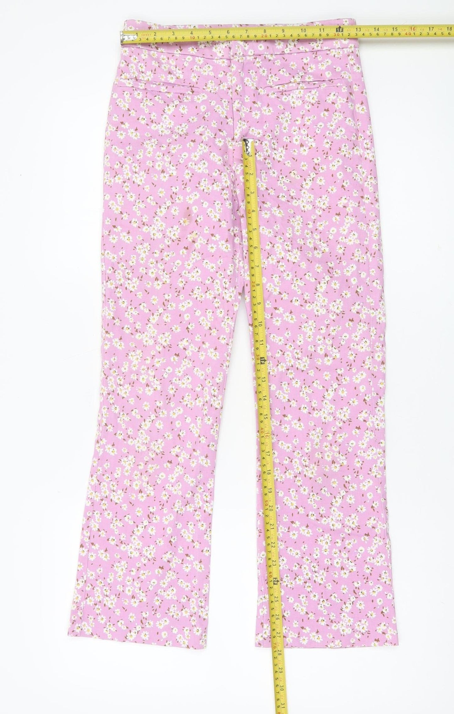 Zara Womens Pink Floral Cotton Slim Trousers Size 8