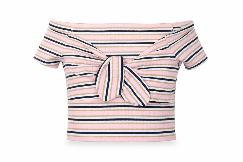 New Look Womens Multicoloured Striped Cropped Bow T-Shirt Size 10