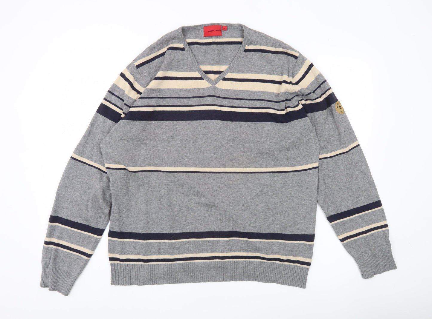 Pierre Cardin Mens Grey Striped V-Neck Cotton Jumper Size L