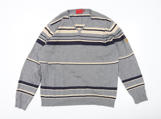 Pierre Cardin Mens Grey Striped V-Neck Cotton Jumper Size L