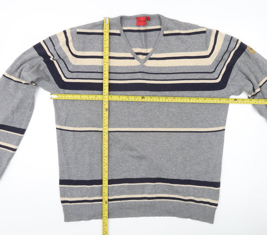 Pierre Cardin Mens Grey Striped V-Neck Cotton Jumper Size L