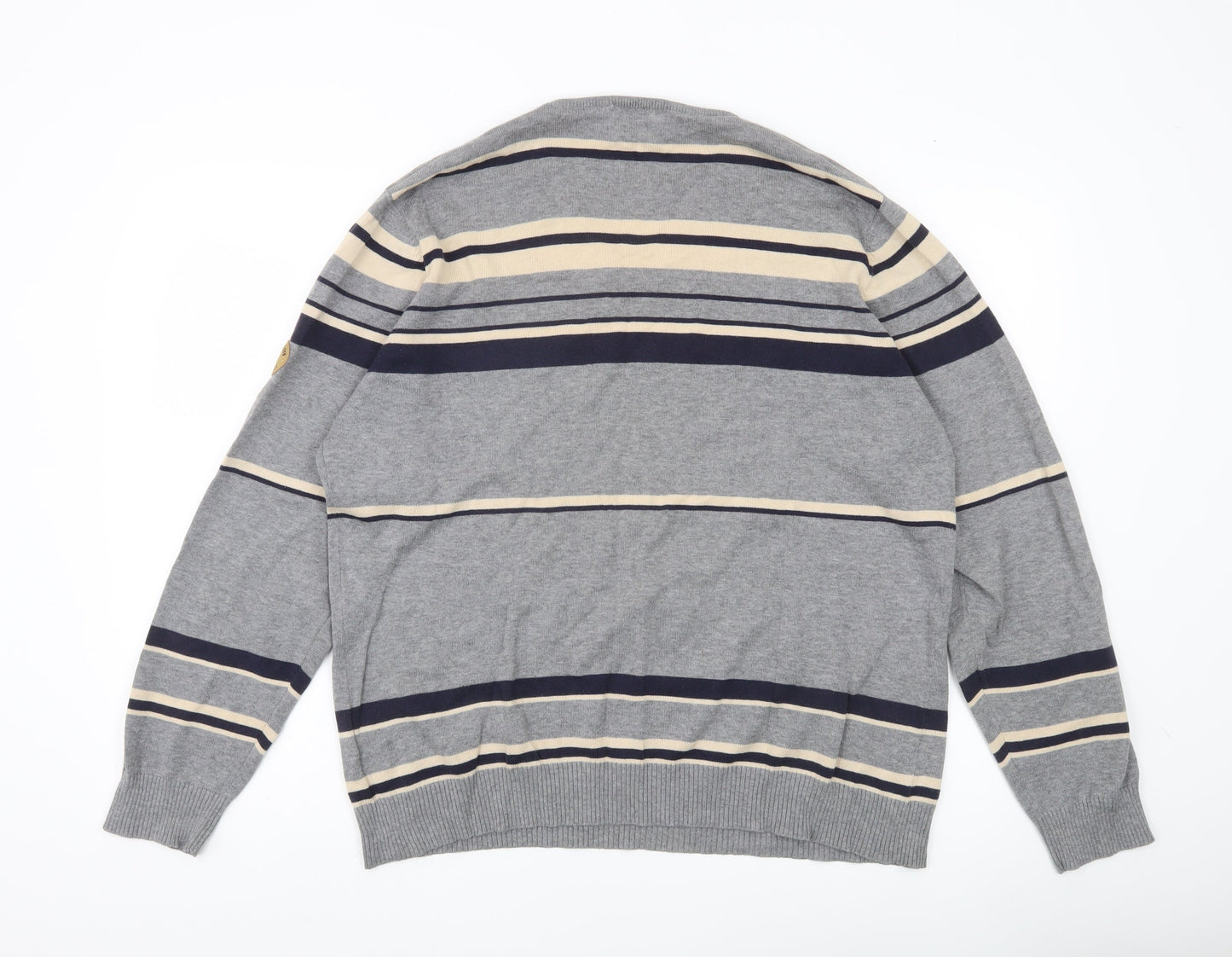 Pierre Cardin Mens Grey Striped V-Neck Cotton Jumper Size L