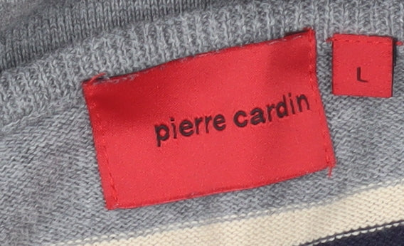 Pierre Cardin Mens Grey Striped V-Neck Cotton Jumper Size L