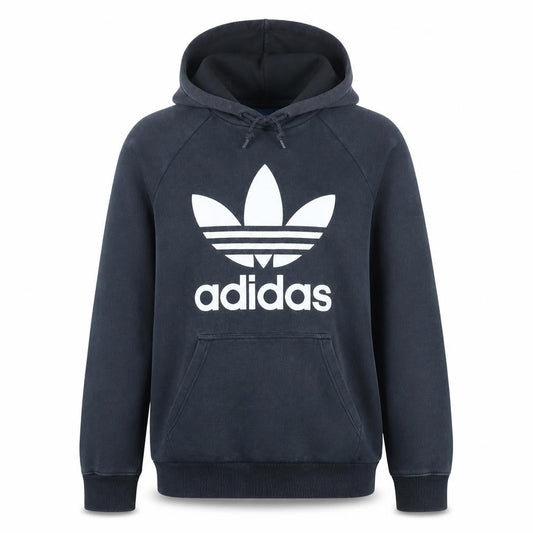 Front view of Adidas men’s black pullover hoodie m logo graphic fleece sportswear