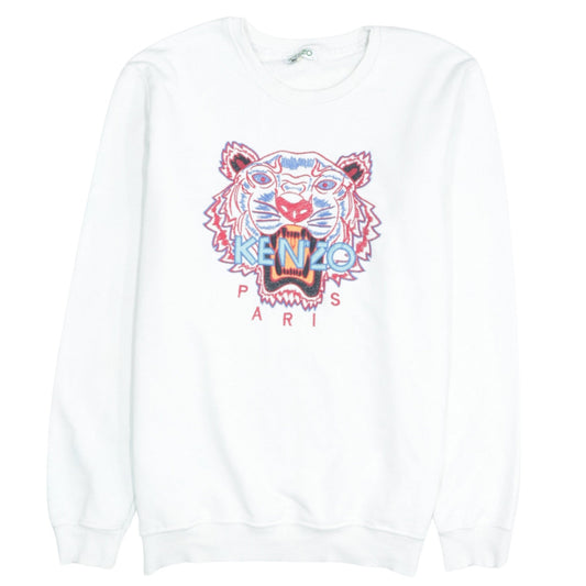 Kenzo Womens White Sweatshirt L Embroidered Tiger Logo Pullover