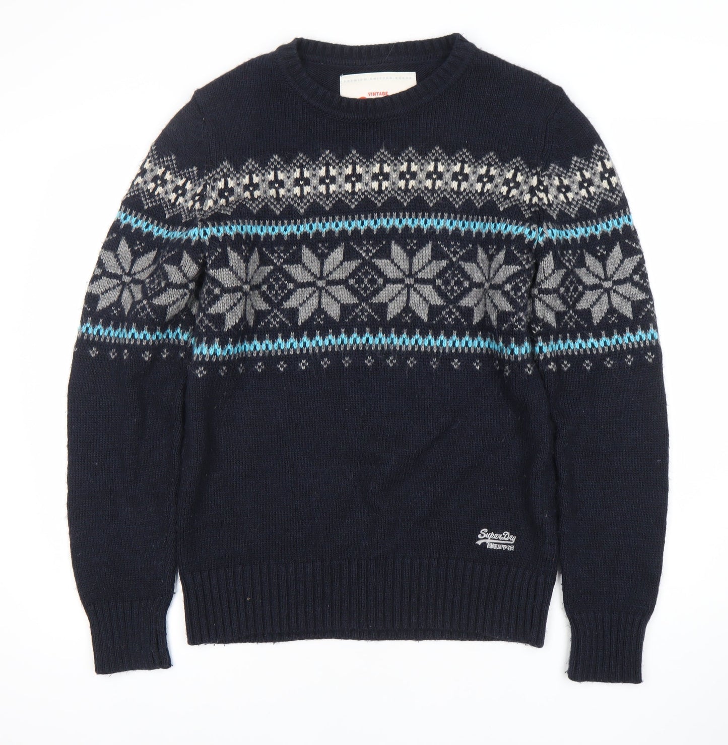 Superdry Men’s Blue Fair Isle Wool Blend Crew Neck Jumper Size L