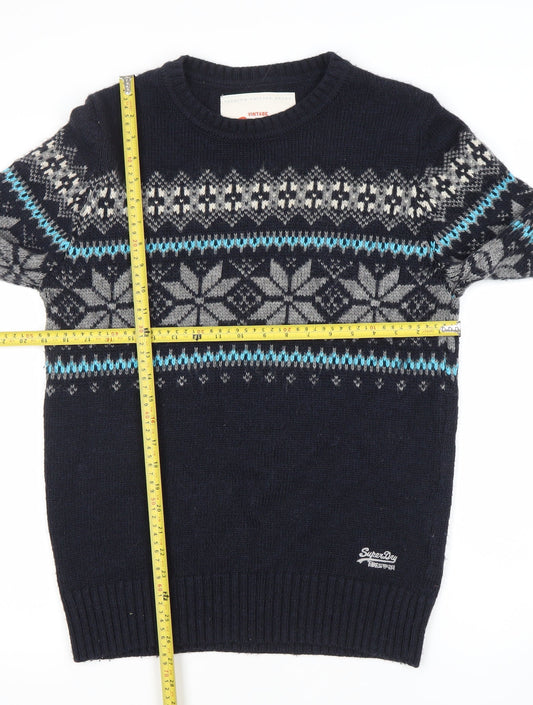 Superdry Men’s Blue Fair Isle Wool Blend Crew Neck Jumper Size L
