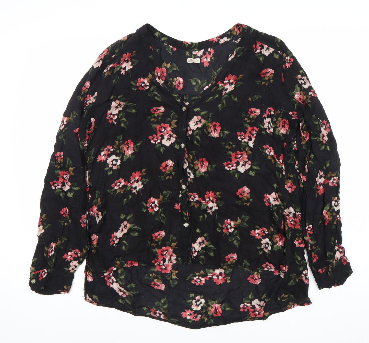 Hollister Womens Black Floral Viscose Tunic Blouse L Long Sleeve